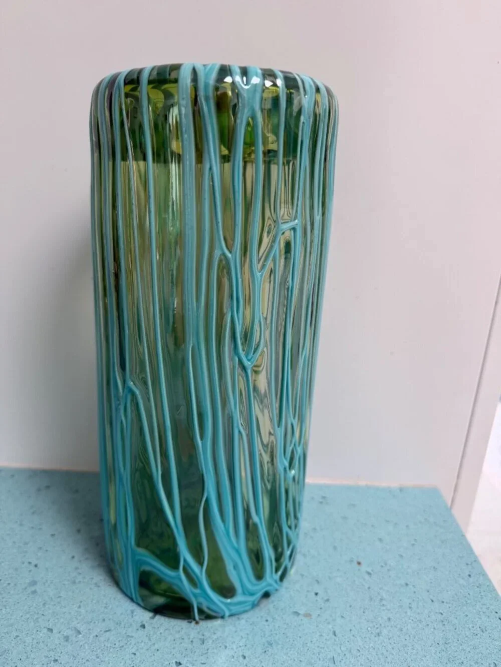 Murano Handblown Translucent Vase With Melted Threads Green Aqua Vintage